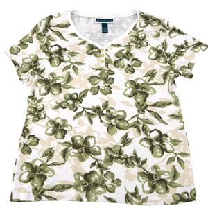 Karen Scott Wms Henley Top XL White Green Floral Short Sleeve Shirt Cottagecore